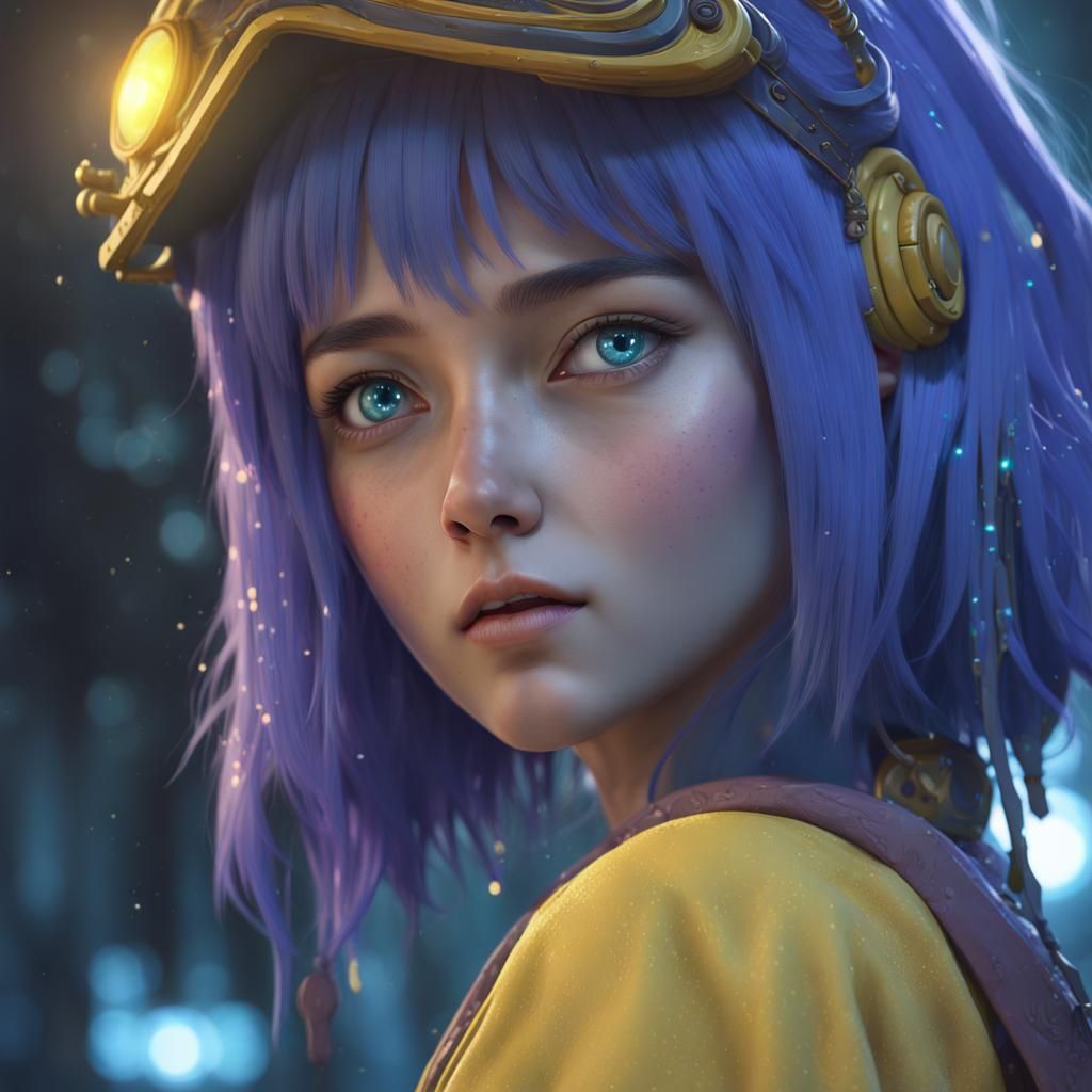 Studio Ghibli Girl with Blue Hair and Galaxy Eyes