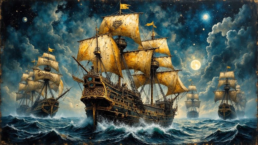 Galleon's Desperate Battle Under the Moon, Photorealistic St...