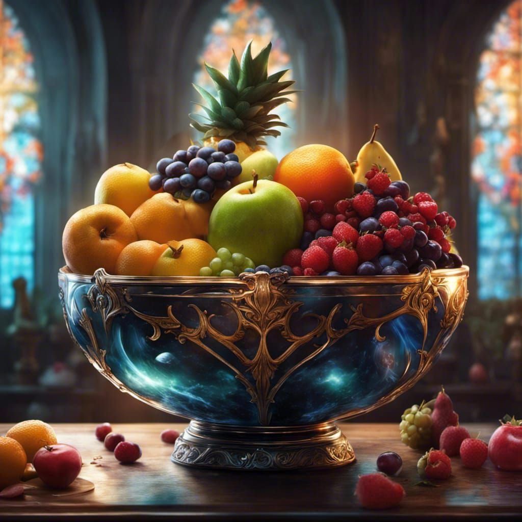 Arcane Glowing Fruit Bowl, Photorealistic Style