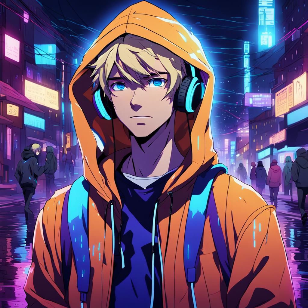 Anime Boy Walking City Streets at Night