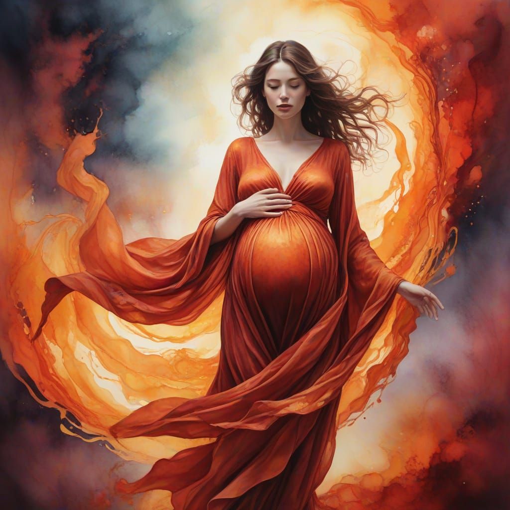 Pregnant Woman in Chaos, Watercolor Alcohol Ink Art