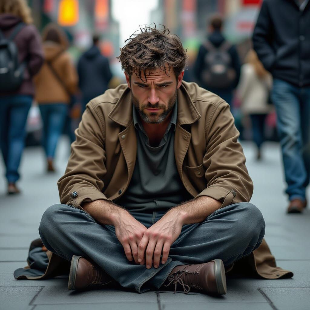 Sorrowful Man Sitting on Pavement, Hyper-Realistic Style