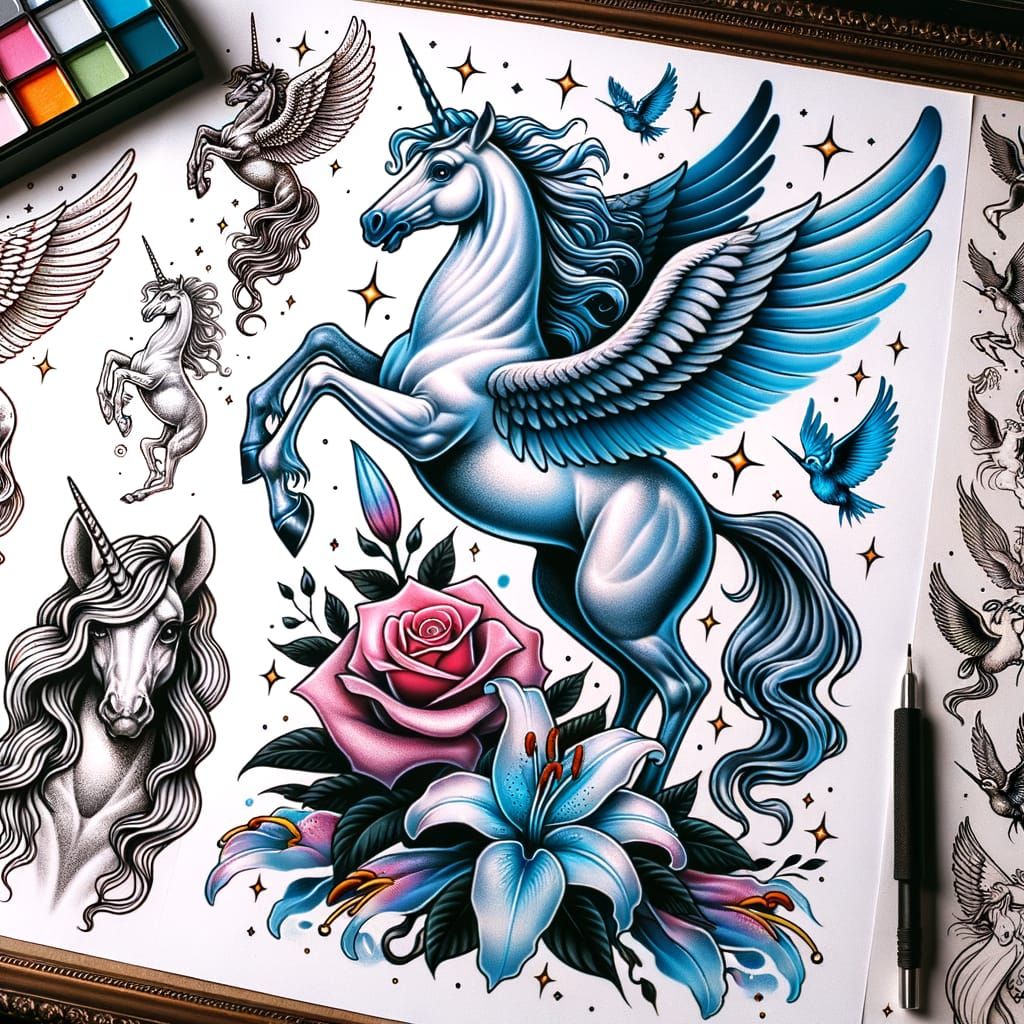 Pegasus and Unicorn Flash Tattoo Sheet