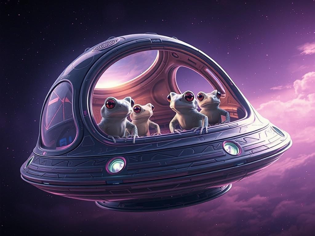 Alien Frogs in Spaceship Traverse Purple Nebula
