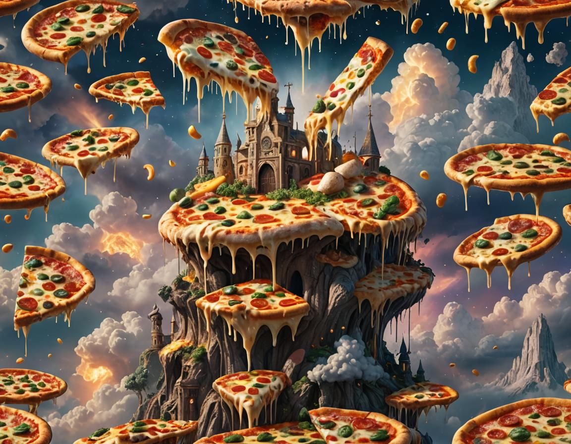 The holy pizza rising up into heaven dripping cheese