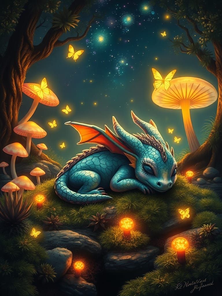 Chibi Dragon Asleep in Fluorescent Forest