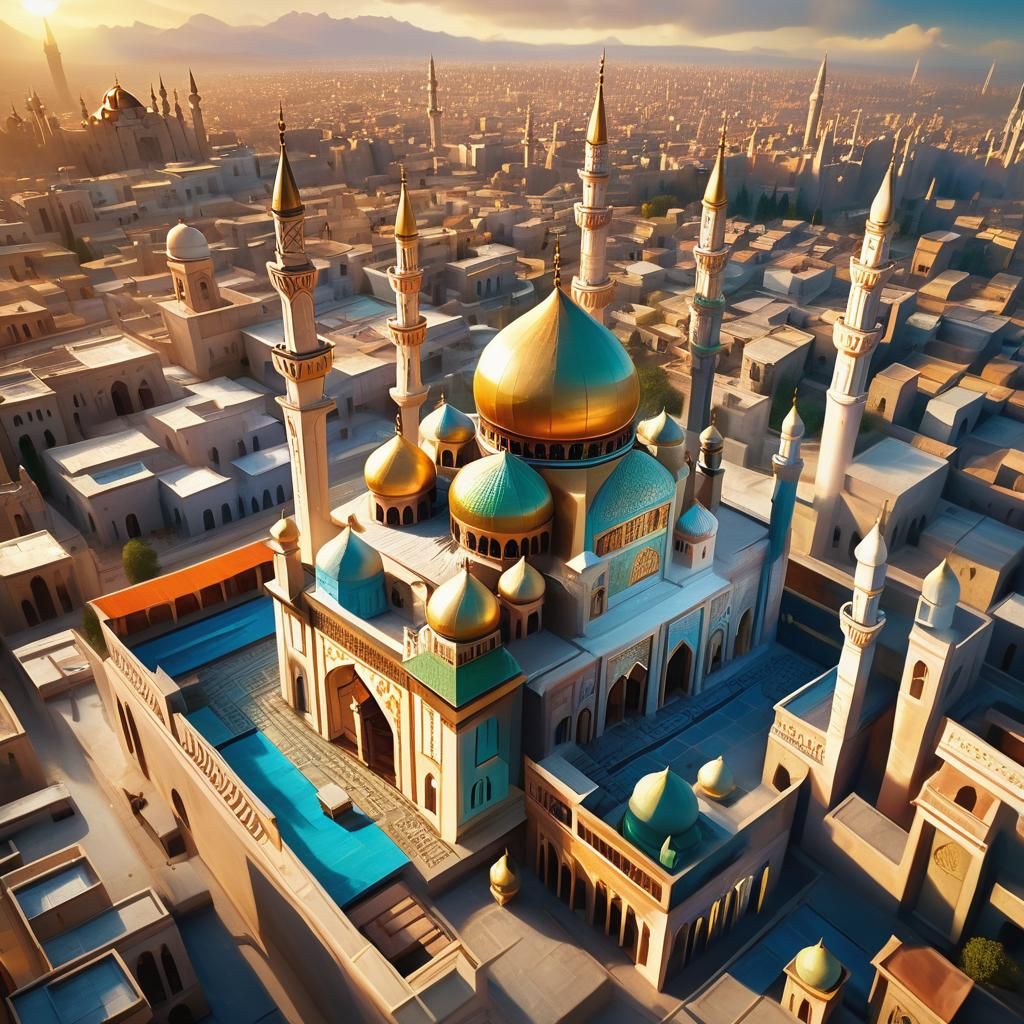 Mosque in City Center: Vibrant Digital Oil Painting