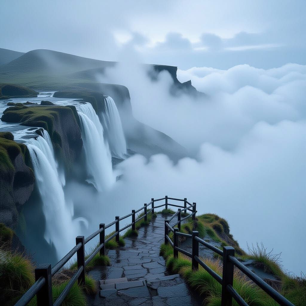 Mountain Stairway Ascending Through Clouds and Waterfalls