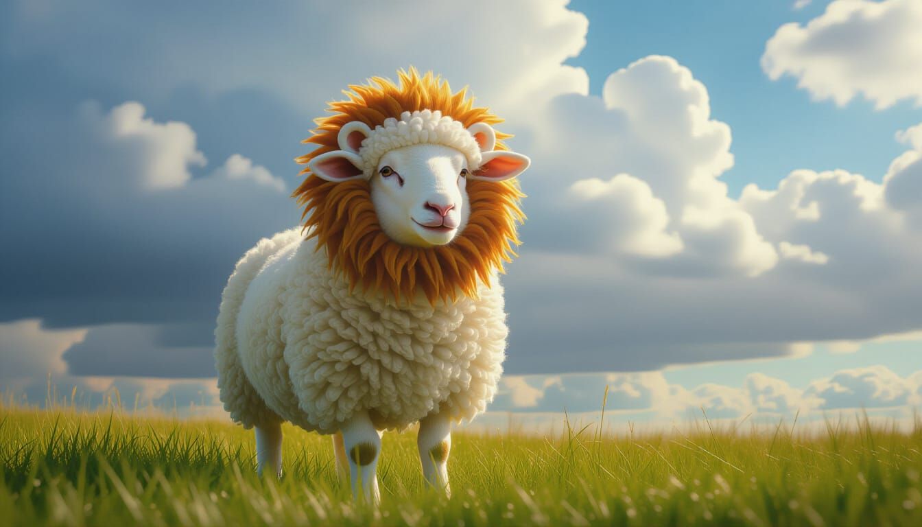 Sheep in Lion Mane Costume in Meadow