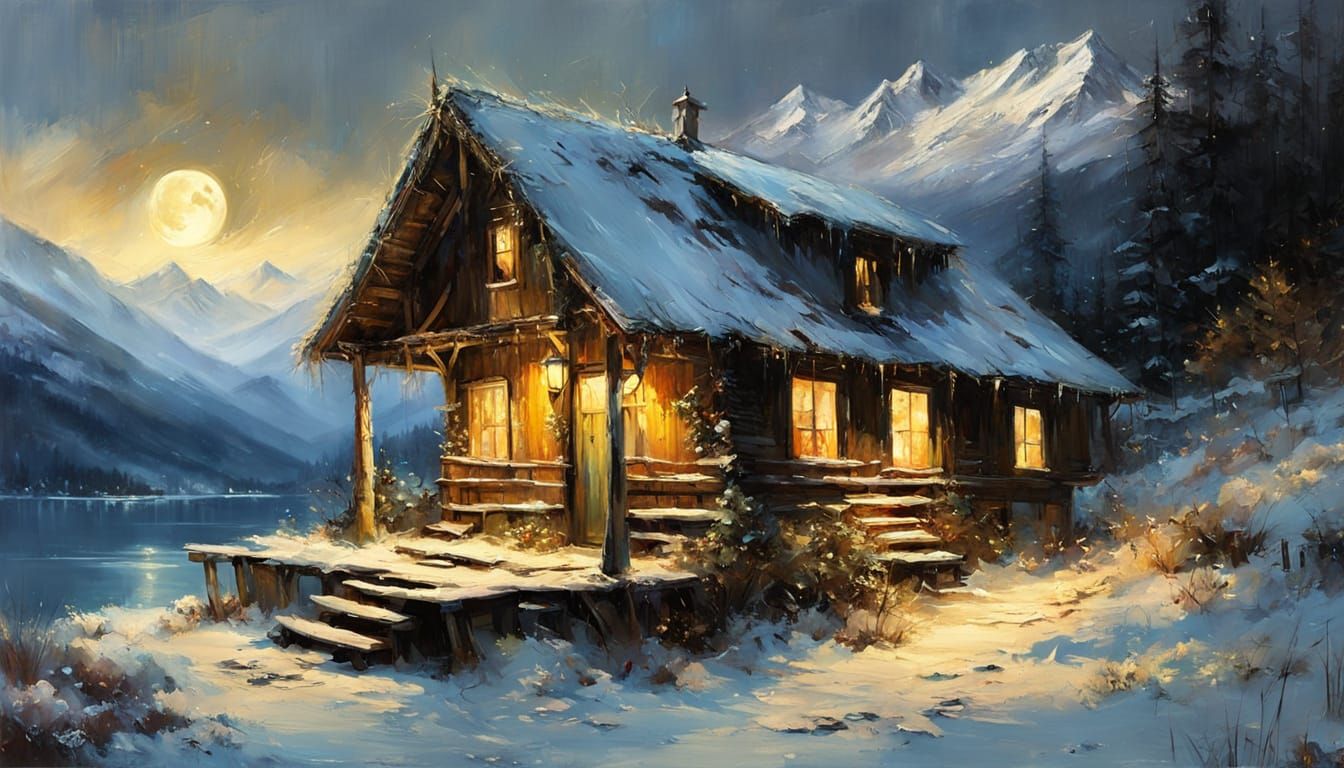 Earthy Oil Painting of a Winter Cabin by Moonlight