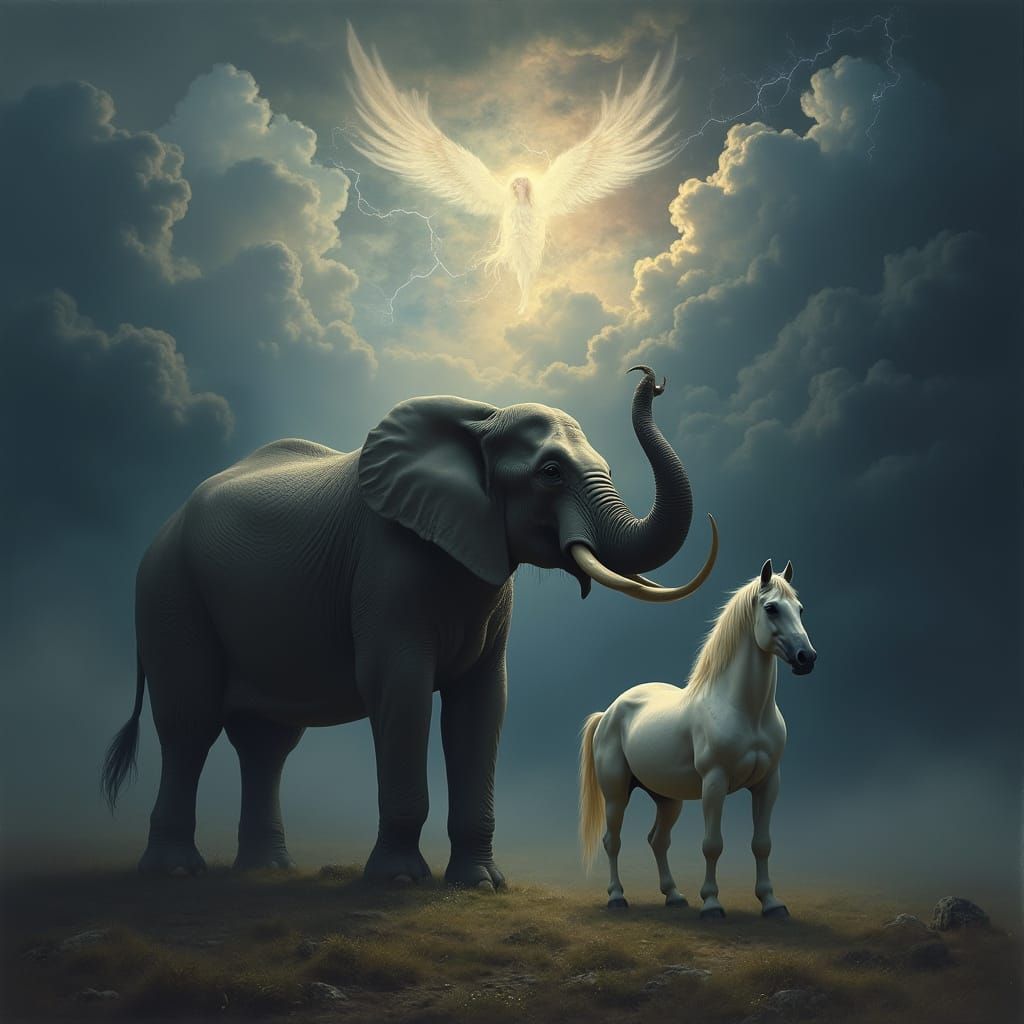 Angel Descends on Elephant and Horse in Stormy Night