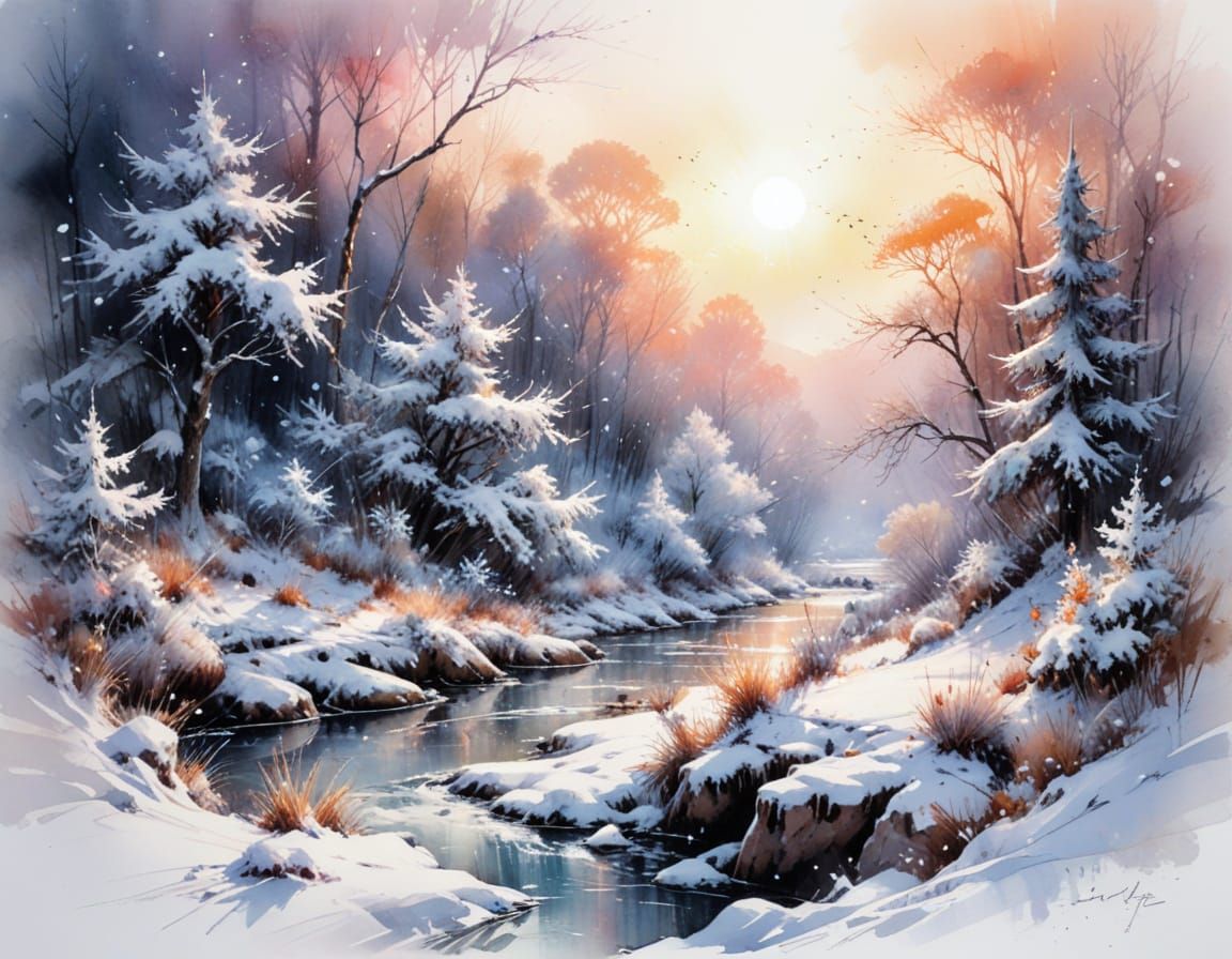 Tranquil Winter Retreat in Watercolor Style