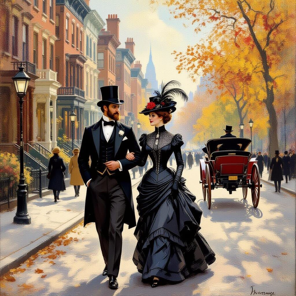 Gilded Age Couple Strolling in Impressionist Style