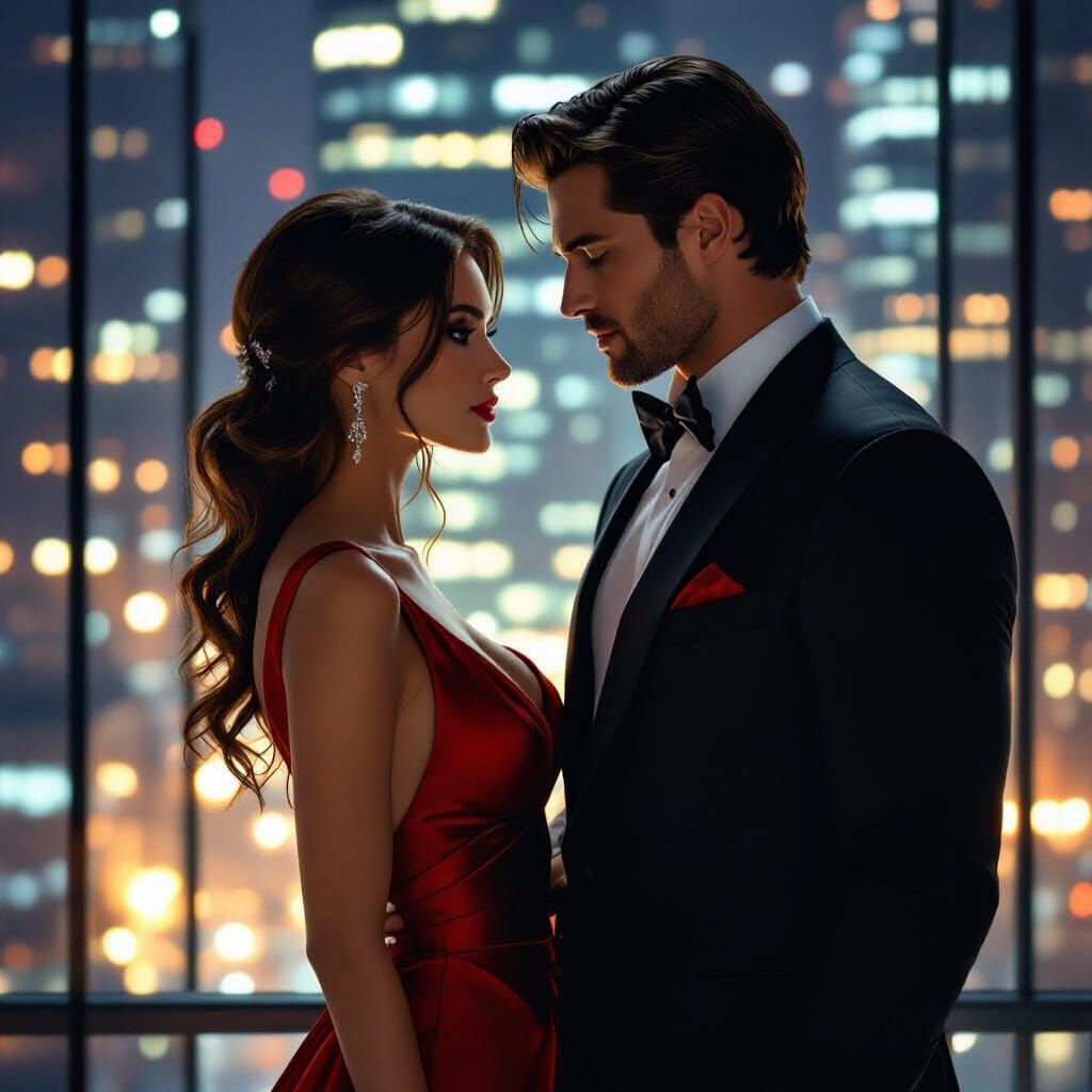 Billionaire Romance Book Cover: Man in Suit, Woman in Red Dr...