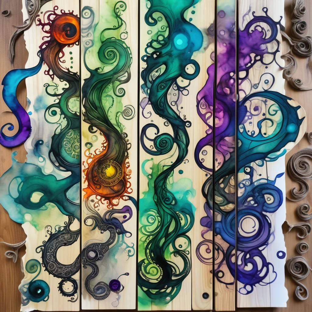 Lovecraftian Alcohol Ink Scrolls on Wood
