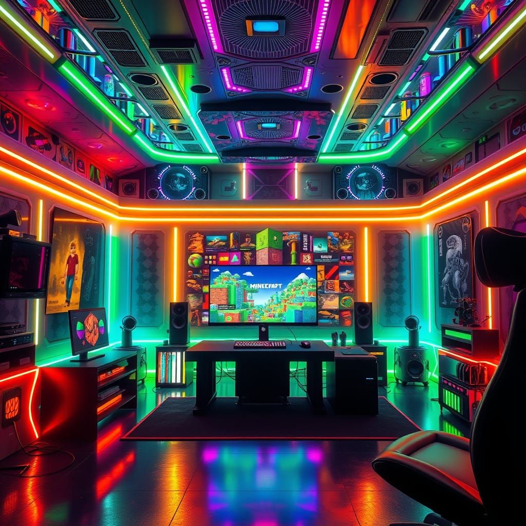 Futuristic Gaming Haven in Neon Hues and Rainbow Lights