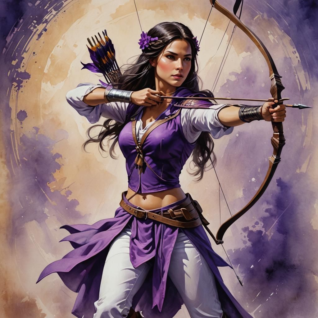 Esoteric Art: Beautiful Woman Archer with Purple Bow