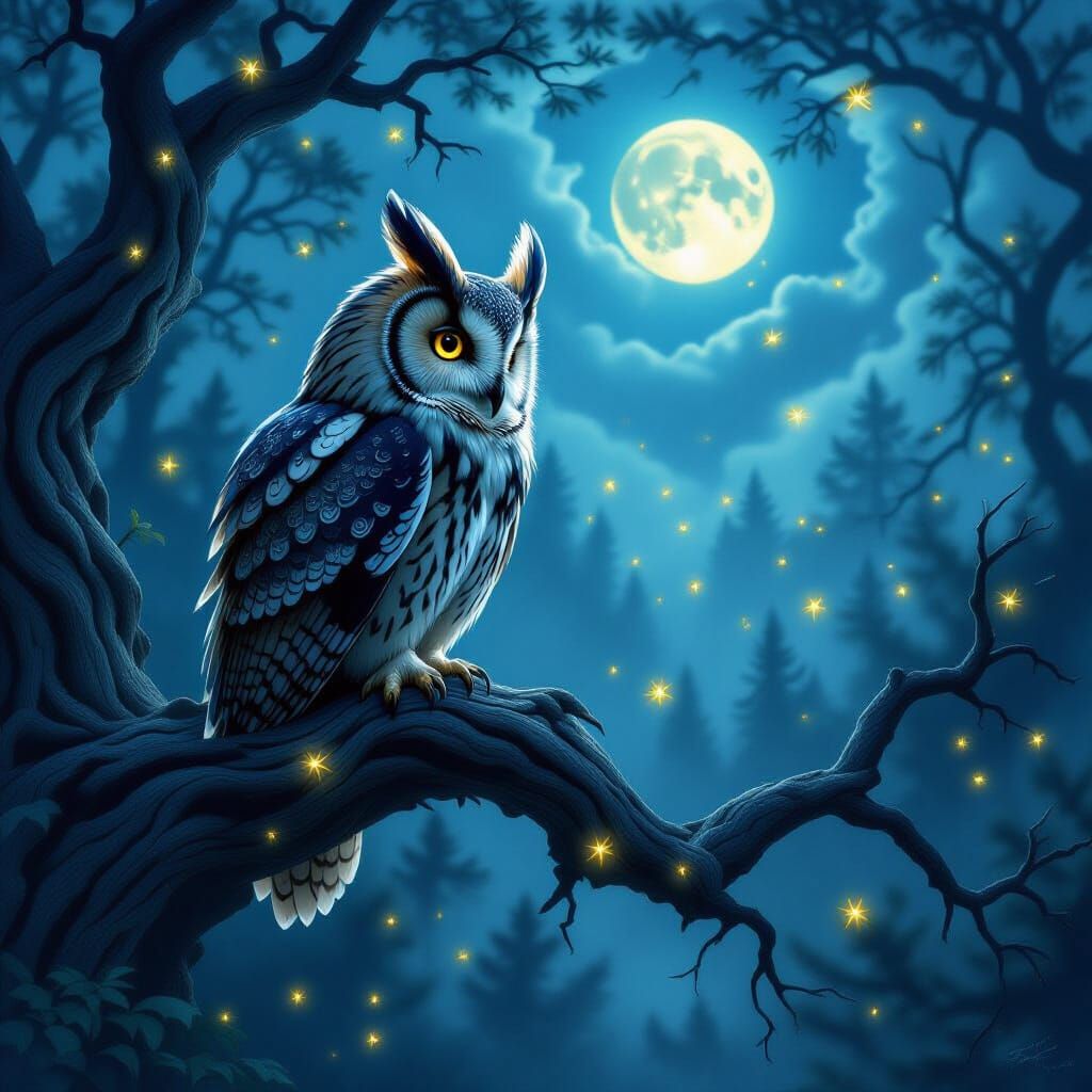 Wise Owl on Ancient Branch in Moonlit Forest