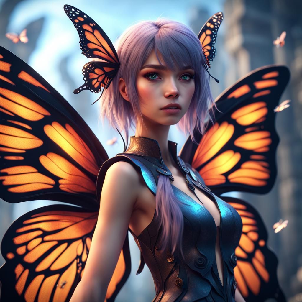 Anime Girl with Butterfly Wings: Detailed Matte Painting