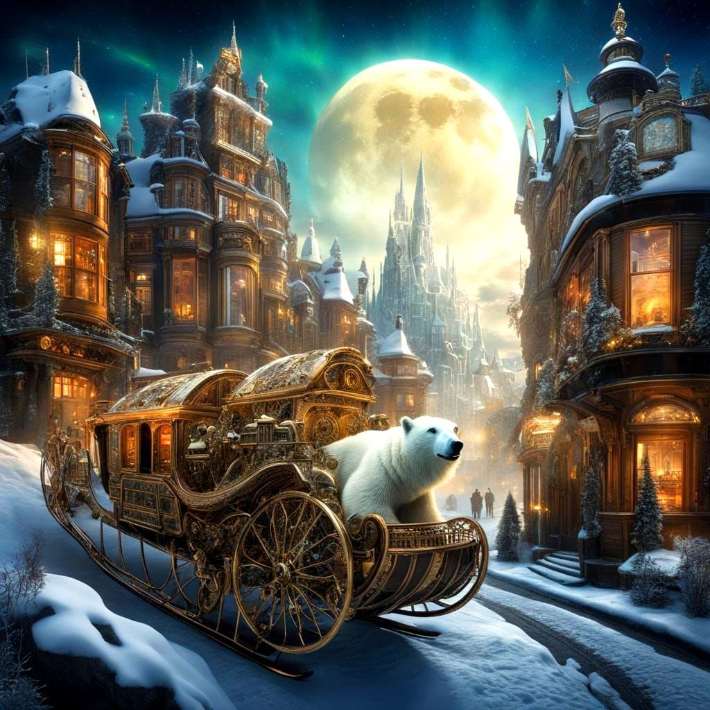Steampunk Cityscape with Polar Bear Sleigh