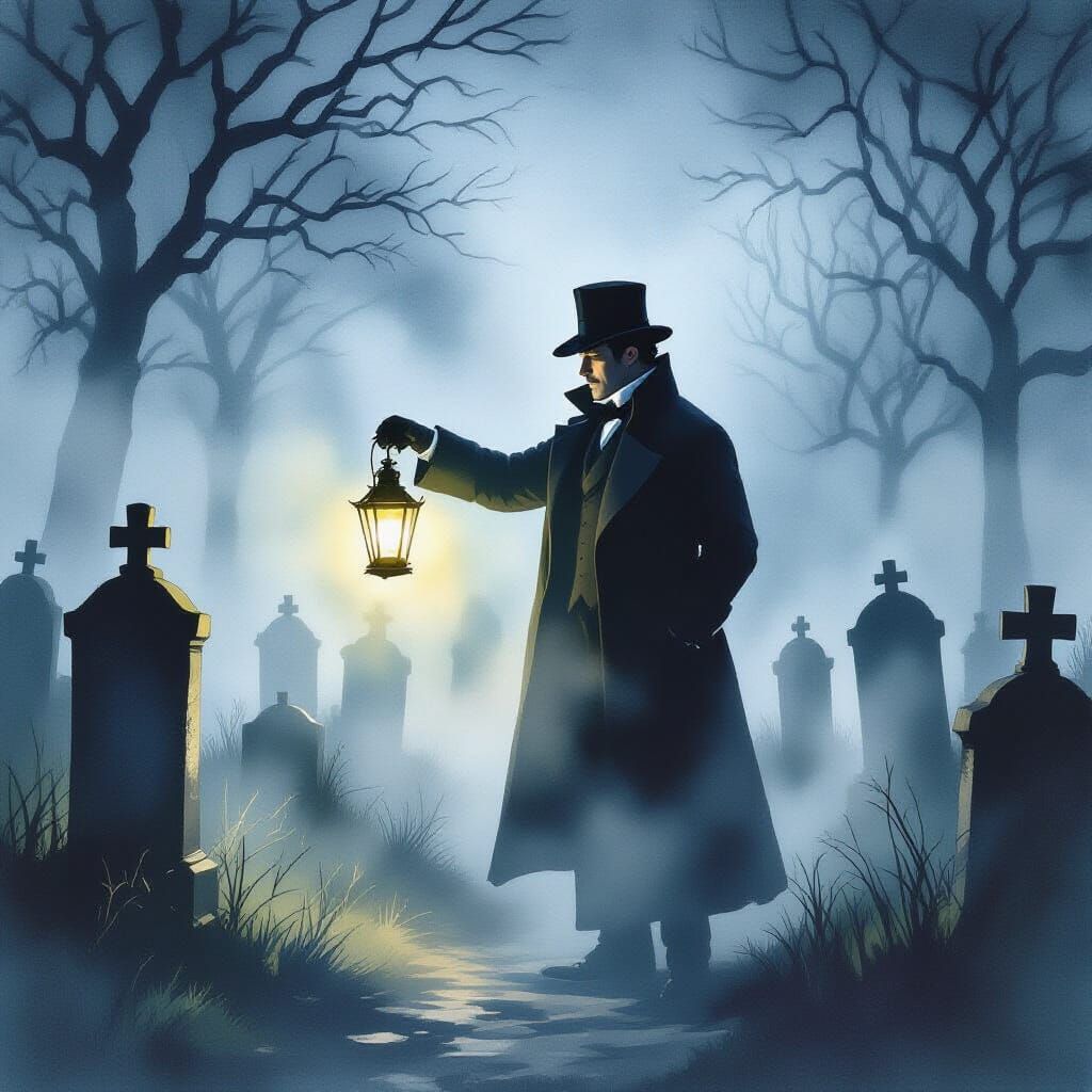 Sherlock Holmes in Foggy Graveyard at Midnight