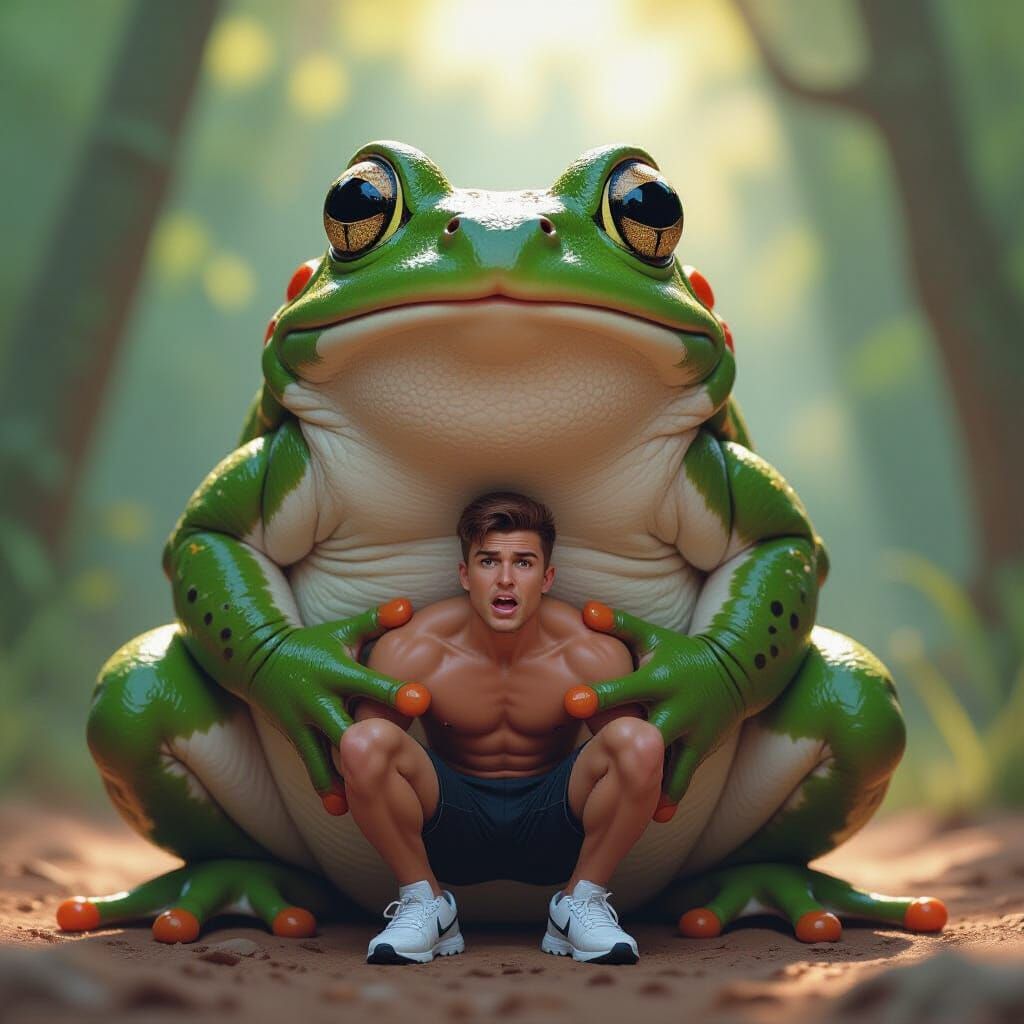 Giant Frog Holds Terrified Man on Paw