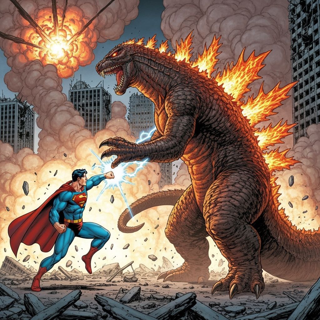 Superman vs. Godzilla in Comic Book Style