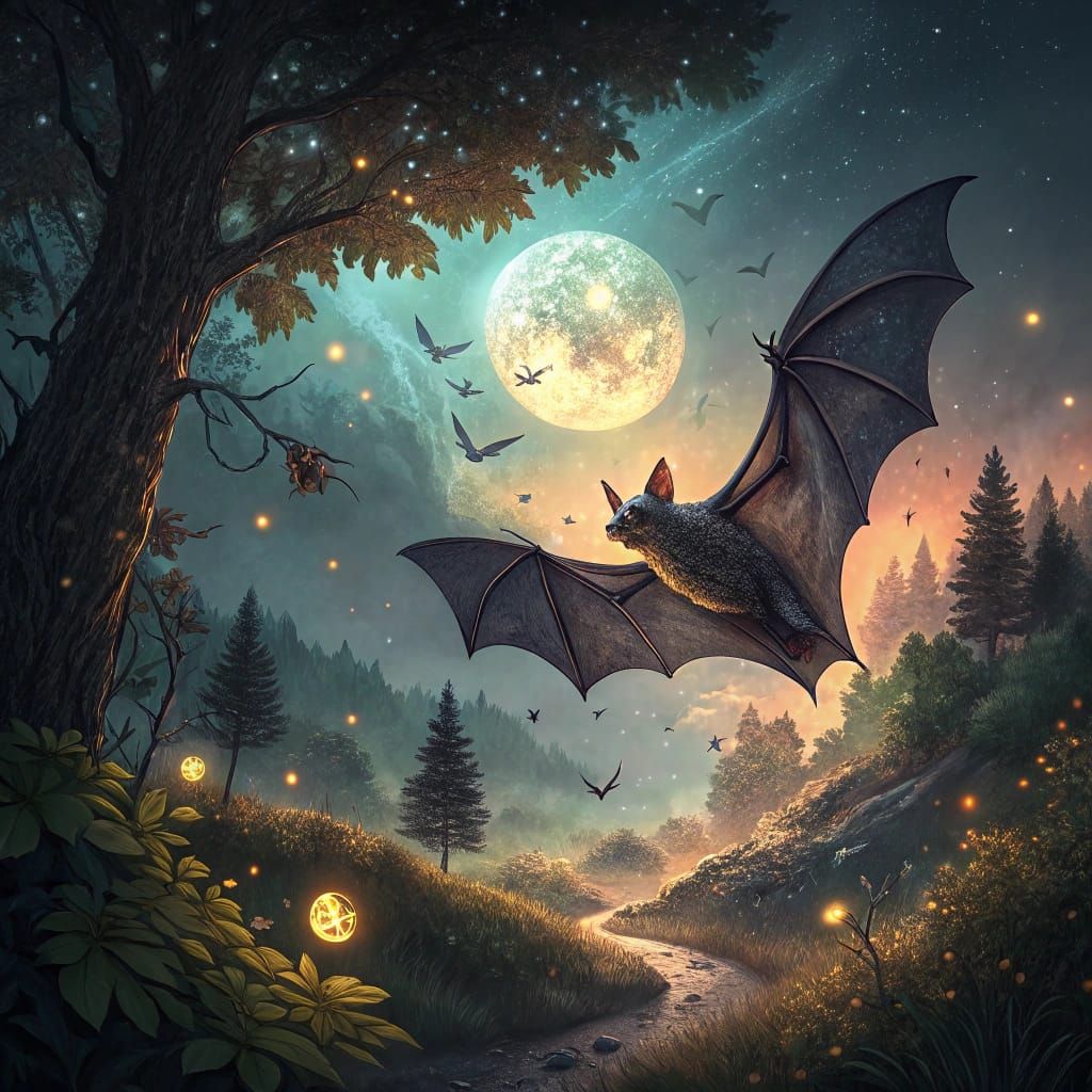 Ethereal Bat in a Nighttime Celebration of Fireflies