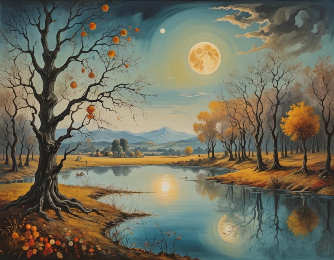 Surreal Autumn Landscape with Harvest Moon