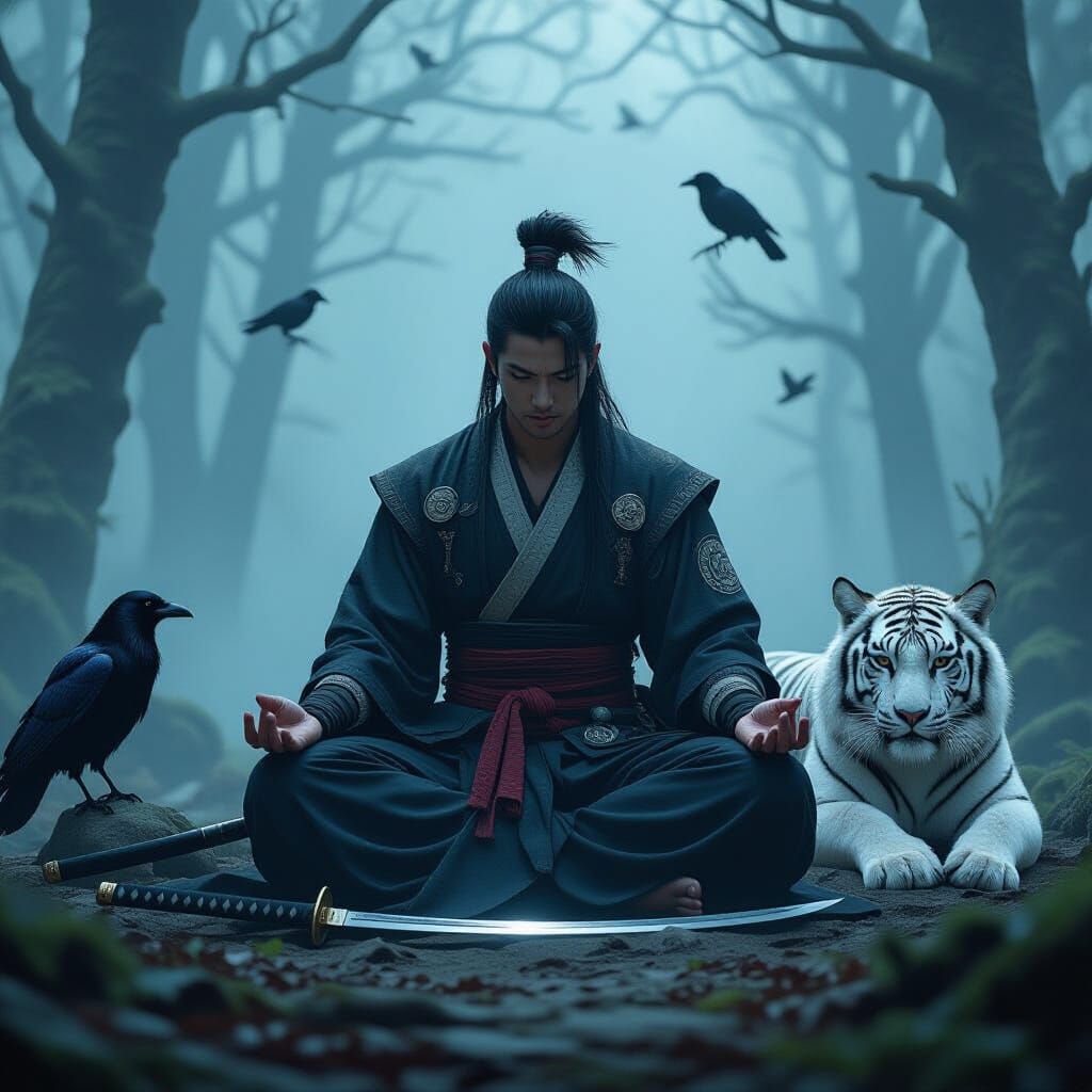 Ninja Meditation in Foggy Forest, Realistic Style