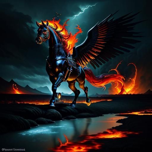 Ethereal Warhorse in Lava Rivers: Gothic Oil Painting