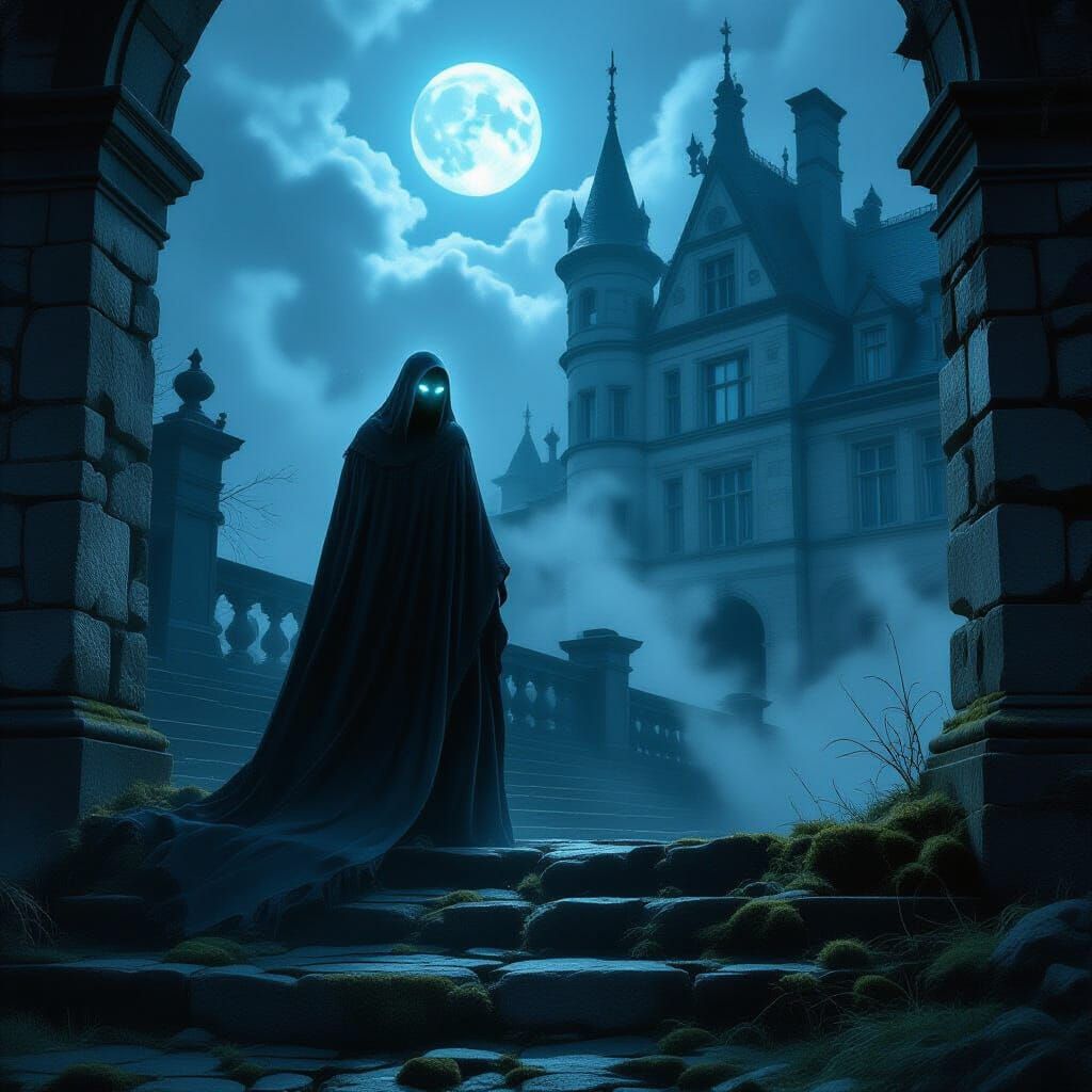 Spectral Figure on 1750 Castle Steps in Moonlight