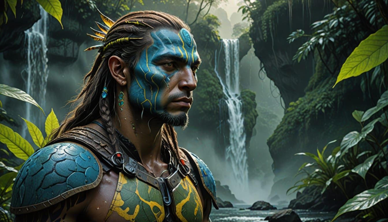 Hyper-Realistic Na'vi Warrior in Misty Waterfall Landscape