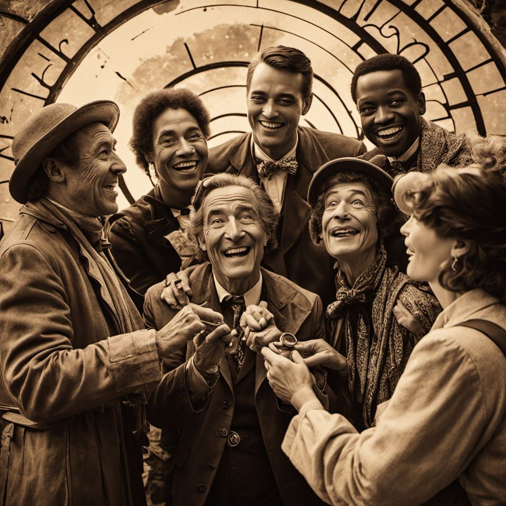 Time Travelers Gather Around a Portal in Vintage Photo