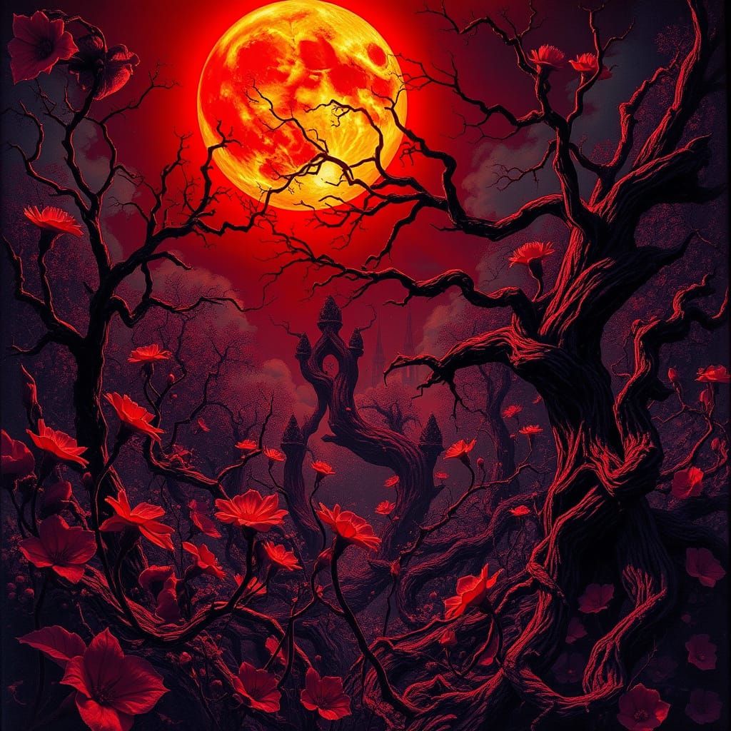 Surreal Red Moon Garden in Surrealist Style