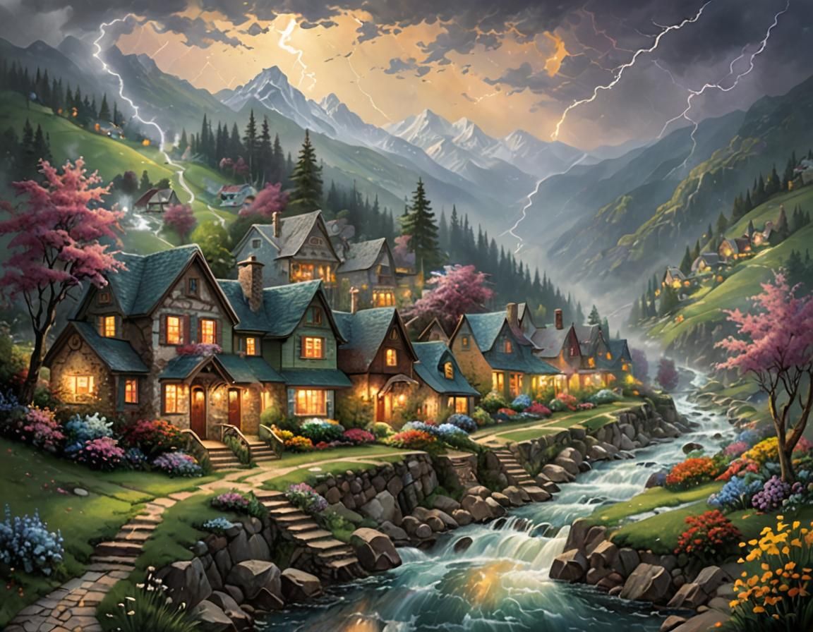 Idyllic Mountain Village During a Spring Thunderstorm