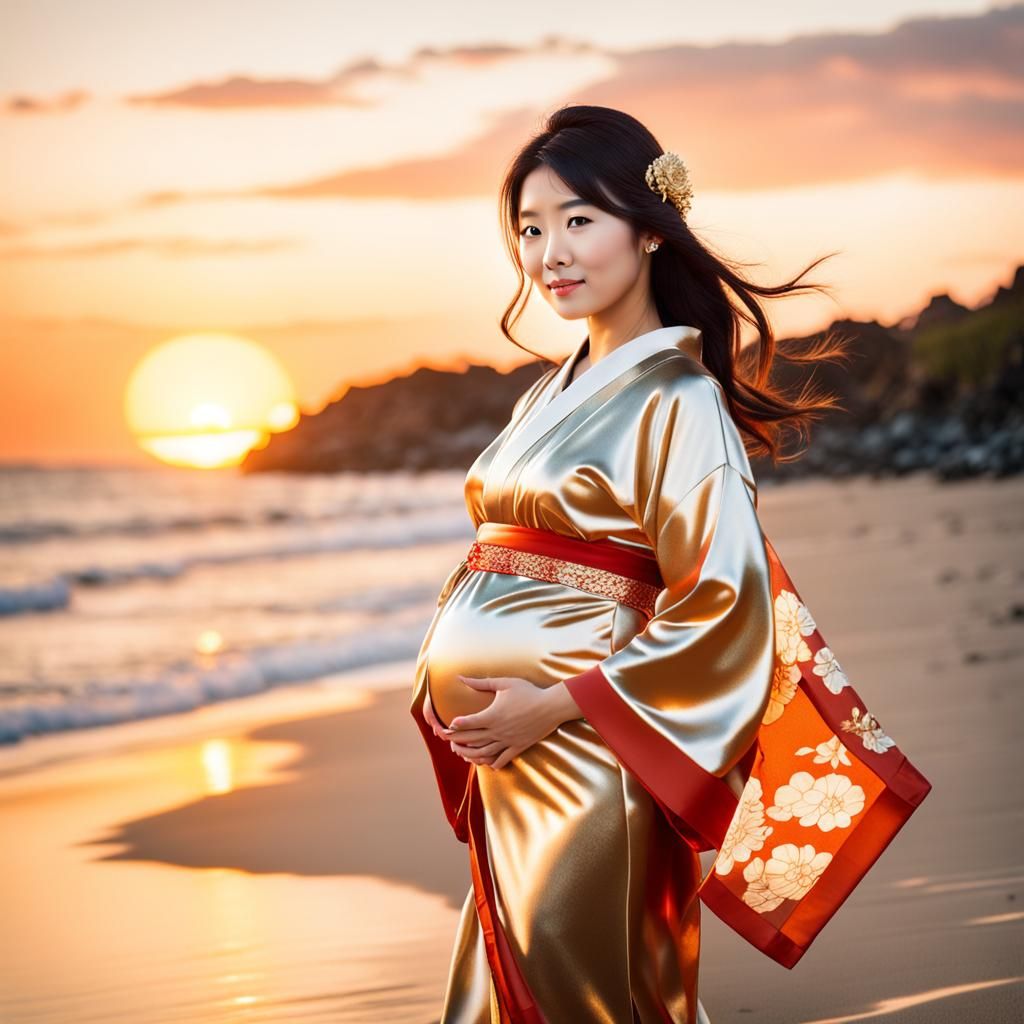 Pregnant Woman in Kimono at Sunset