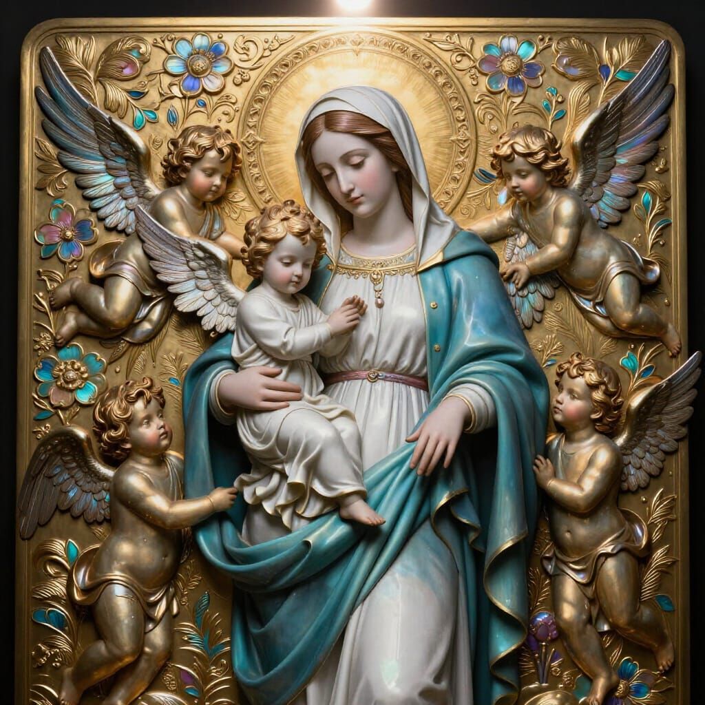 Virgin Mary and Child with Angels in Repoussé Metal Art