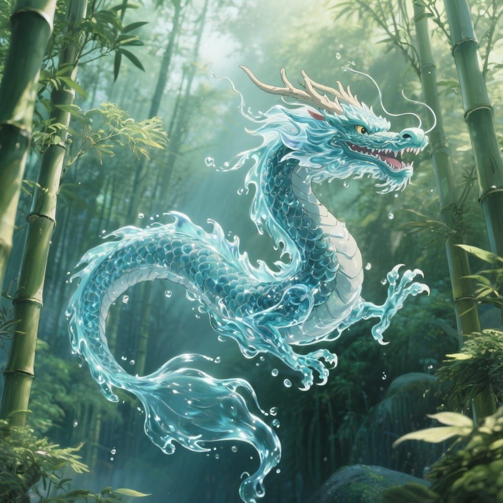 Water Dragon Soars Over Bamboo Forest in Studio Ghibli Style