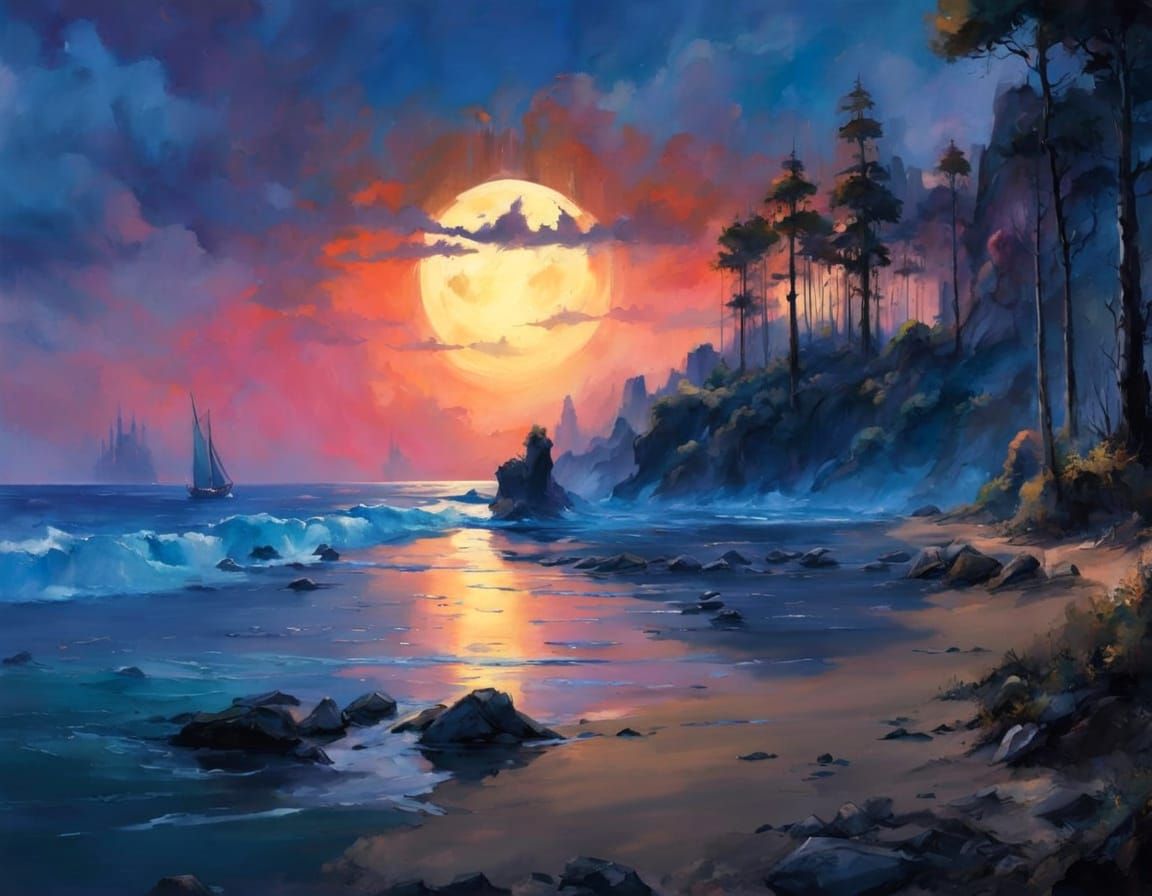 Moonlit Beachscape in Rich Blue Hues