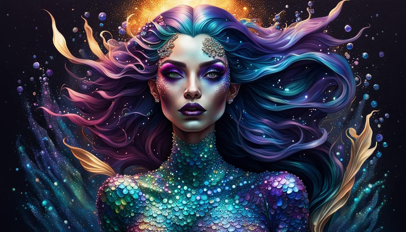 Iridescent Vampire Mermaid in Galactic Splash Art Style