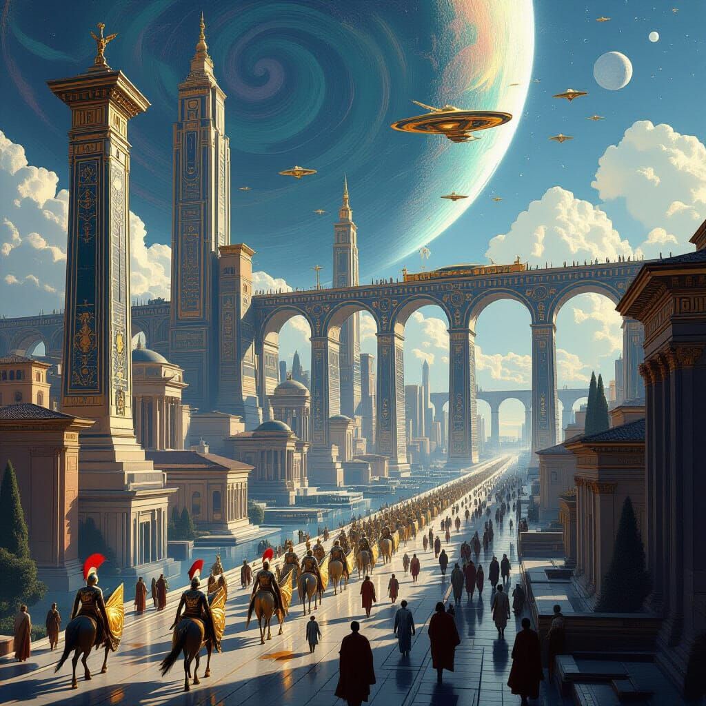 Futuristic Roman City with Flying Chariots in Art Deco Style
