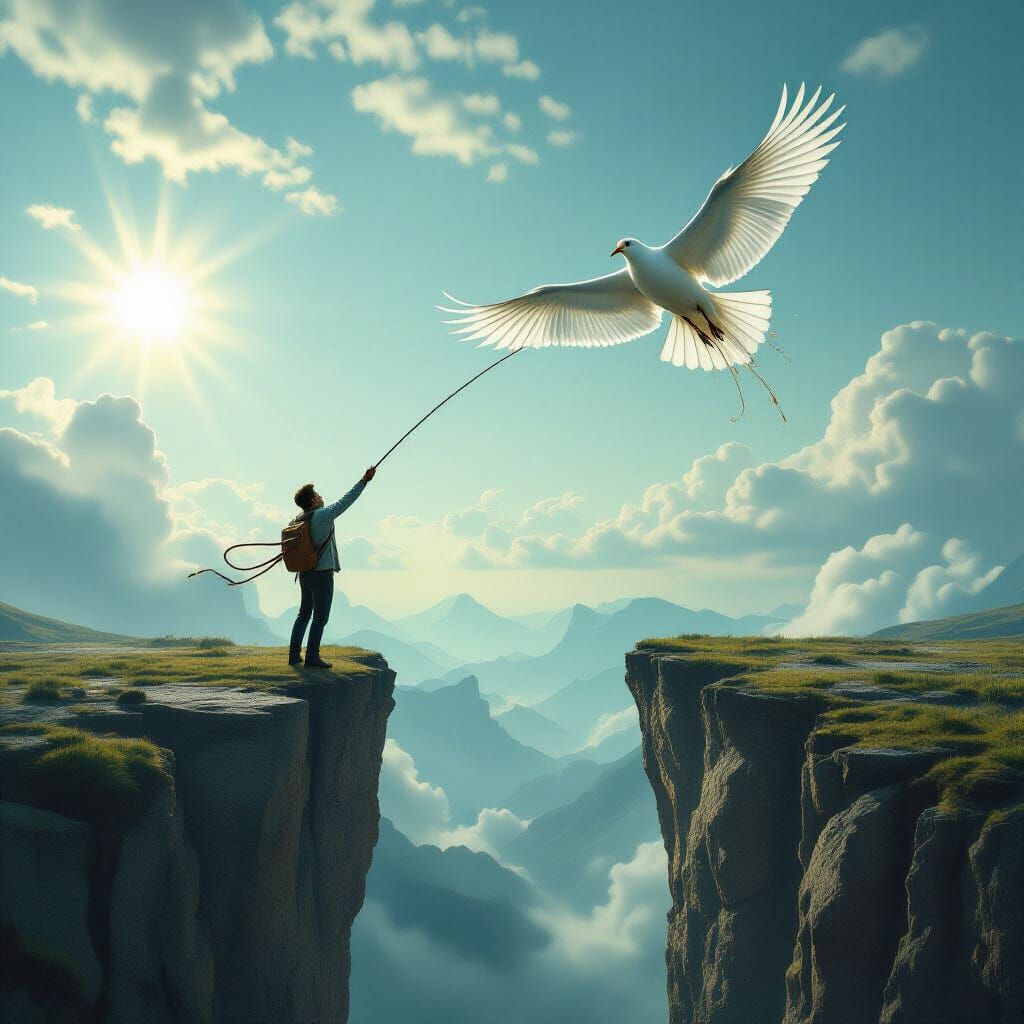 Man Lassoes Bird at Edge of Abyss, Escaping Time's Destructi...