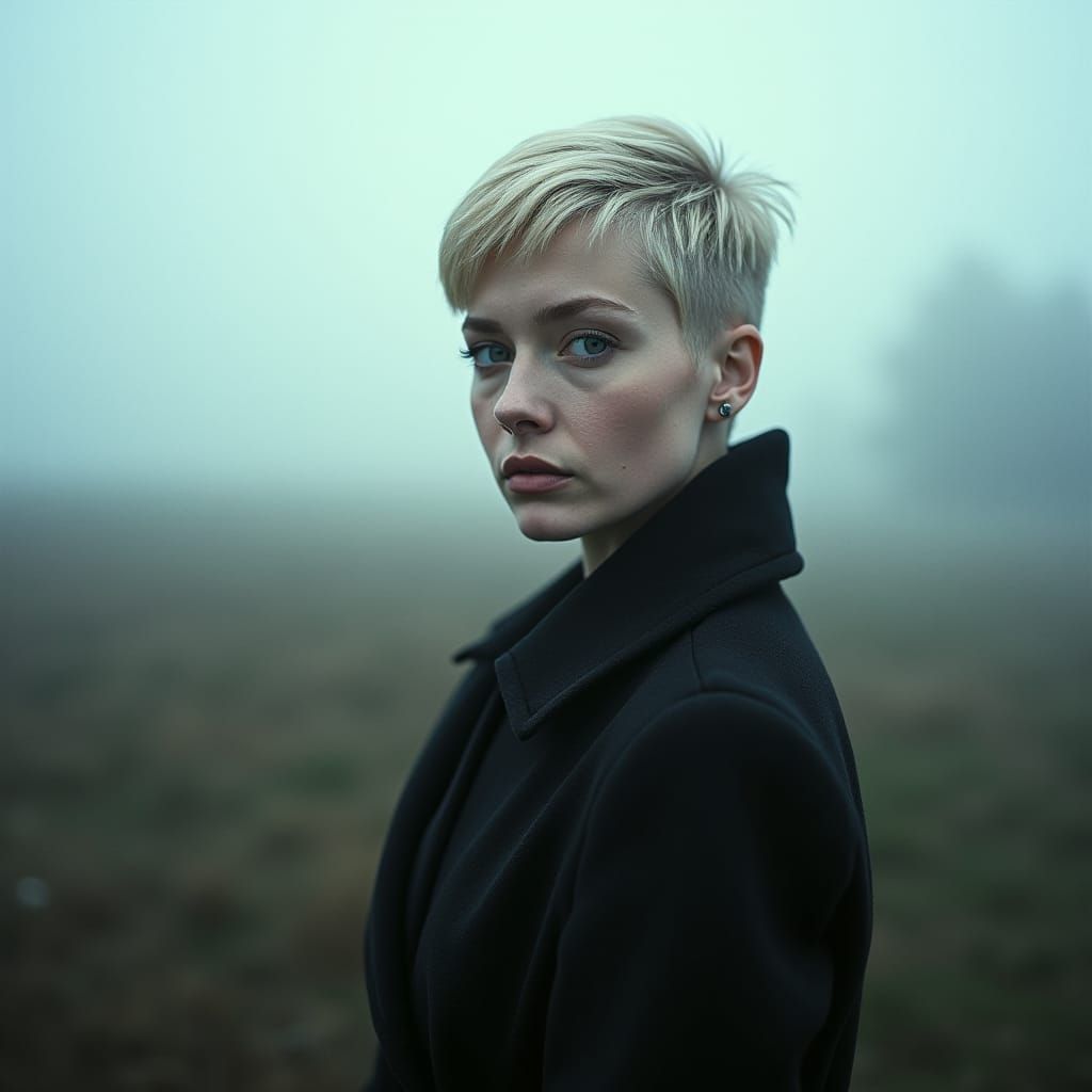 Blonde Woman with Pixie Cut in Misty Landscape