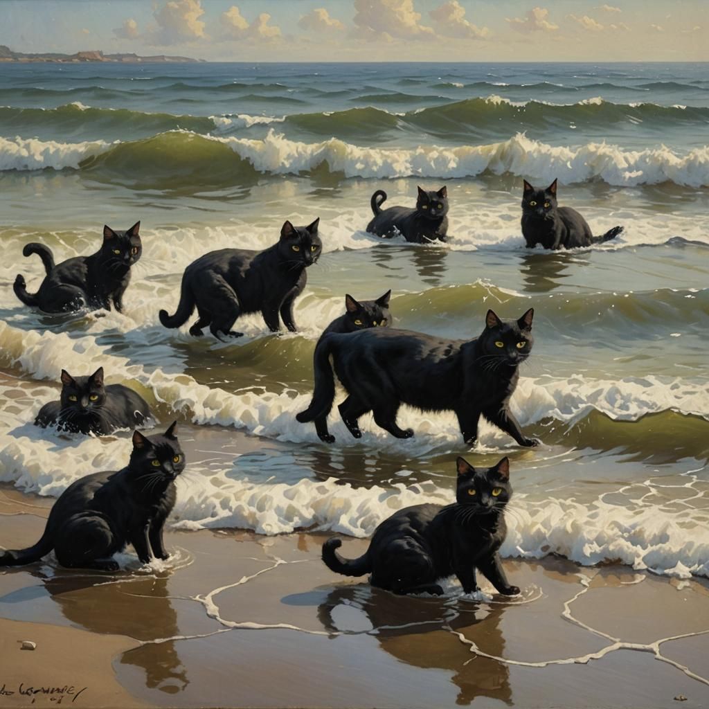 Ten Black Cats in the Sea as Oil Painting
