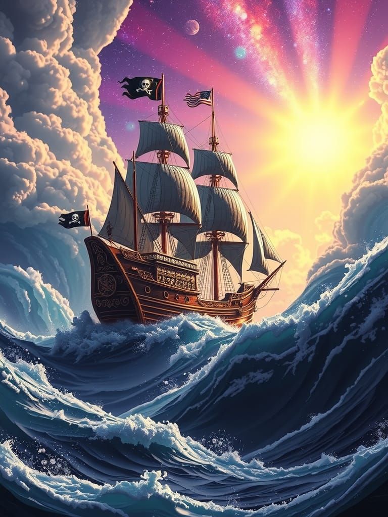 Pirate Ship Sails Through a Rainbow Galaxy