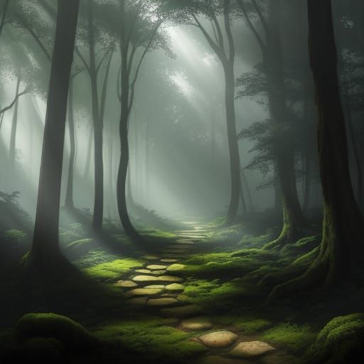 Misty Forest Concept Art with Ethereal Sunlight