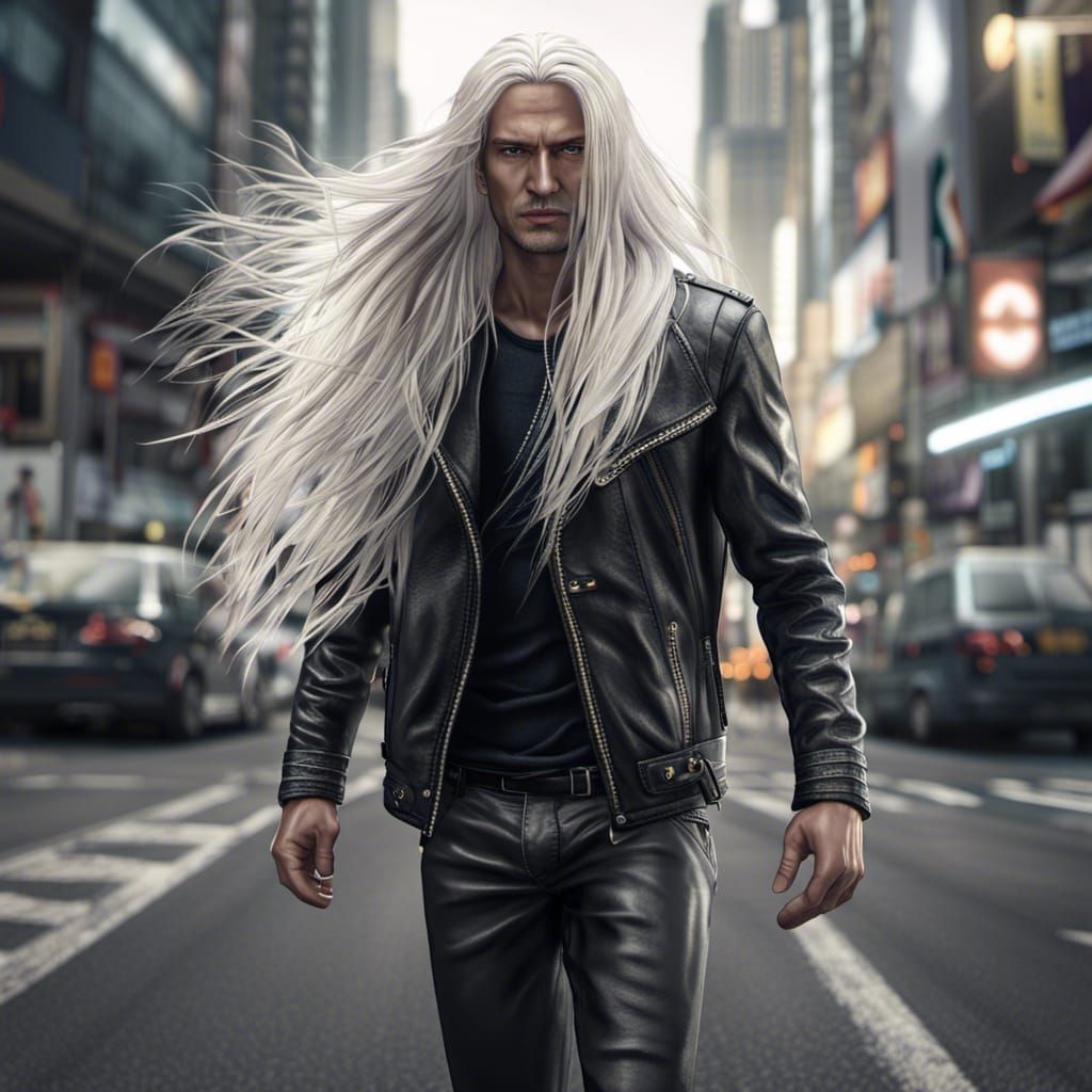 Cyberpunk Man in Leather Jacket on Neon Street