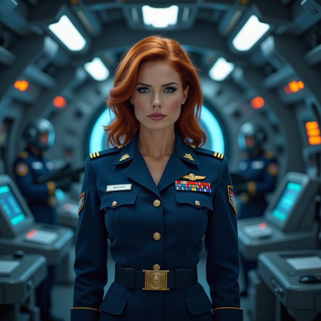 Futuristic Torpedo Bay Scene with Red-Haired Officer