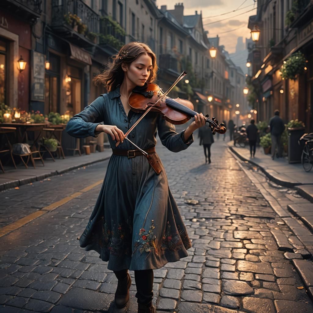 Woman Plays Violin: Detailed Fantasy Concept Art